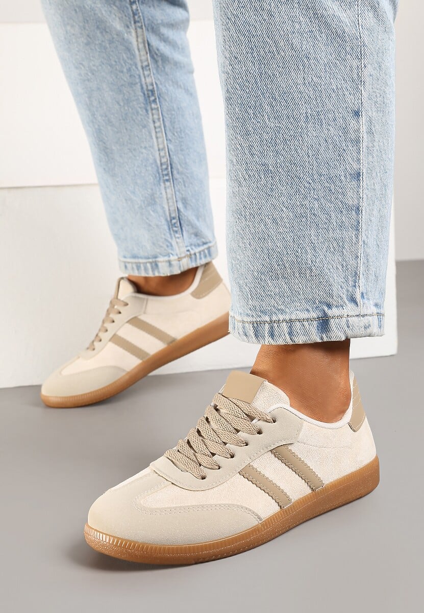Beżowe Casualowe Sneakersy z Ekozamszu na Płaskiej Podeszwie Pemeriana
