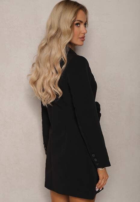 Czarna Marynarka Sukienka z Aplikacjami 3D w Kształcie Kwiatów i Zapięciem na Guziki Lorira