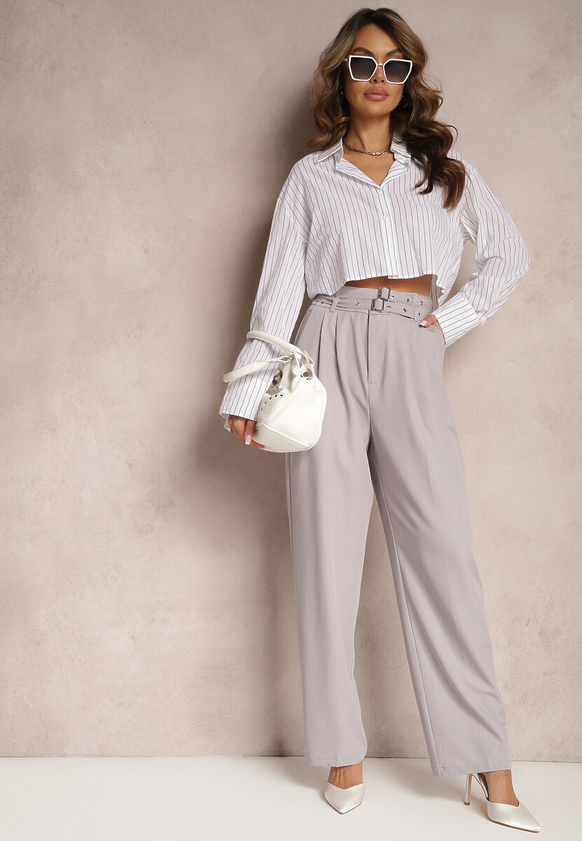 Szare Spodnie High Waist w Stylu Garniturowym z Paskami i Klamerkami Daklena