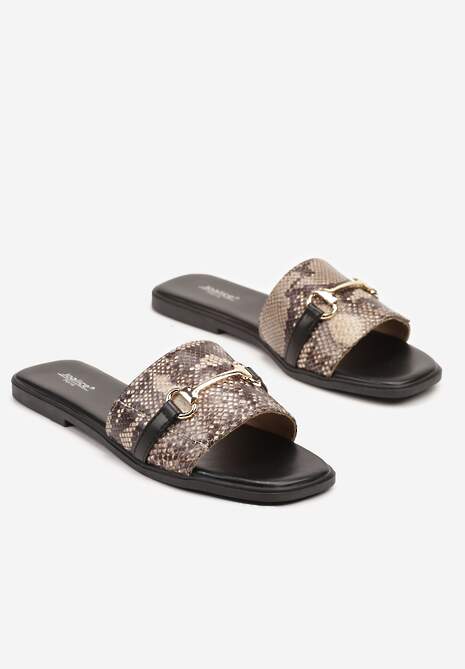 Czarne Wężowe Klapki Ozdobione Metalową Klamrą Ridithea