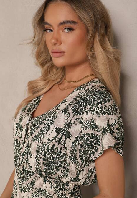 Ciemnozielona Rozkloszowana Sukienka z Bawełny z Gumką w Talii Desanita