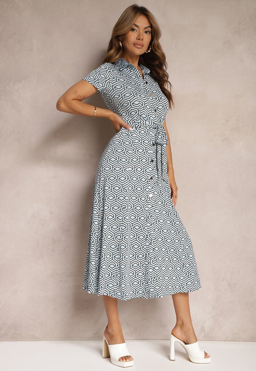 Niebiesko-Biała Koszulowa Sukienka w Geometryczny Wzór Zapinana na Guziki Xarrah