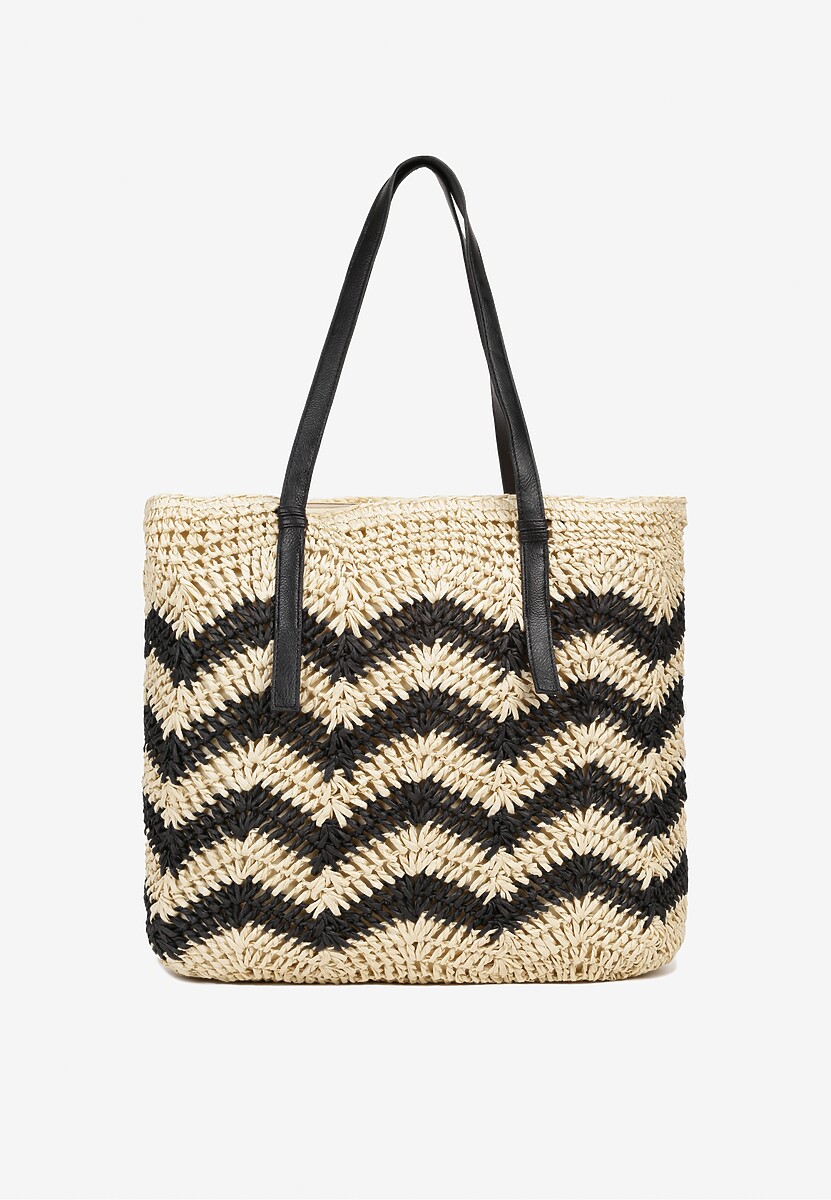 Czarno-Kremowa Torebka na Rączkach w Stylu Boho i Plecionki Torpia