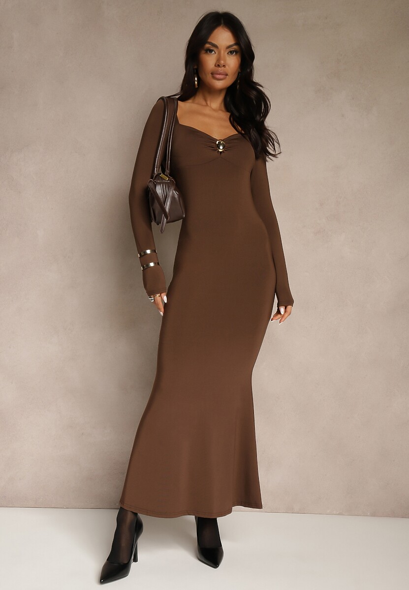 Brązowa Sukienka Koktajlowa z Wiskozą i Metaliczną Klamrą przy Dekolcie Refire