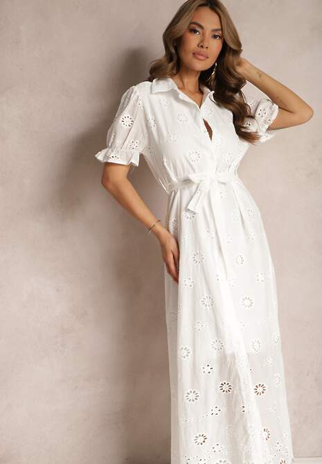 Biała Ażurowa Sukienka o Koszulowym Kroju z Haftem i Bufiastymi Rękawami Vianda