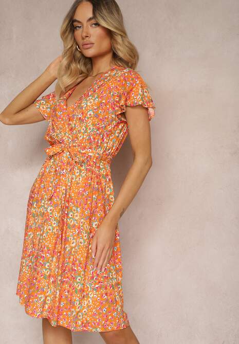 Pomarańczowa Sukienka z Wiskozy z Kopertowym Dekoltem Wykończona Gumką w Pasie i Sznurkiem Abrolea