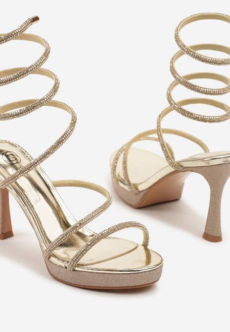 Złote Brokatowe Sandały Rzymianki na Obcasie Zdobione Cyrkoniami Pasamira