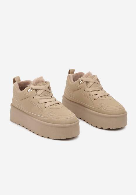 Ciemnobeżowe Sneakersy Stylizowane na Śniegowce Ozdobione Futerkiem Maviena