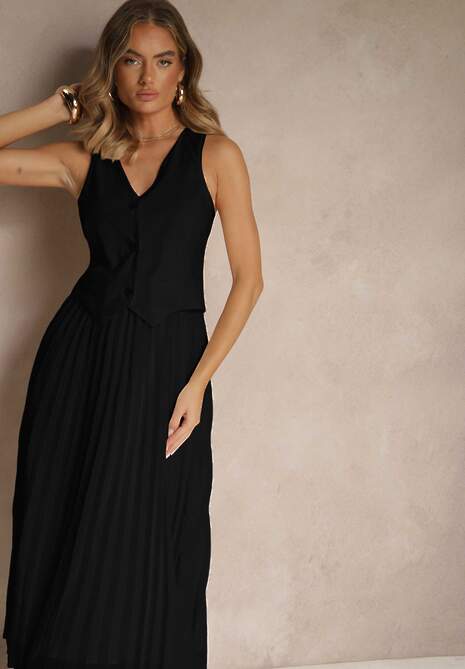 Czarna Wiskozowa Sukienka z Plisami i Wszytą Kamizelką Silitha