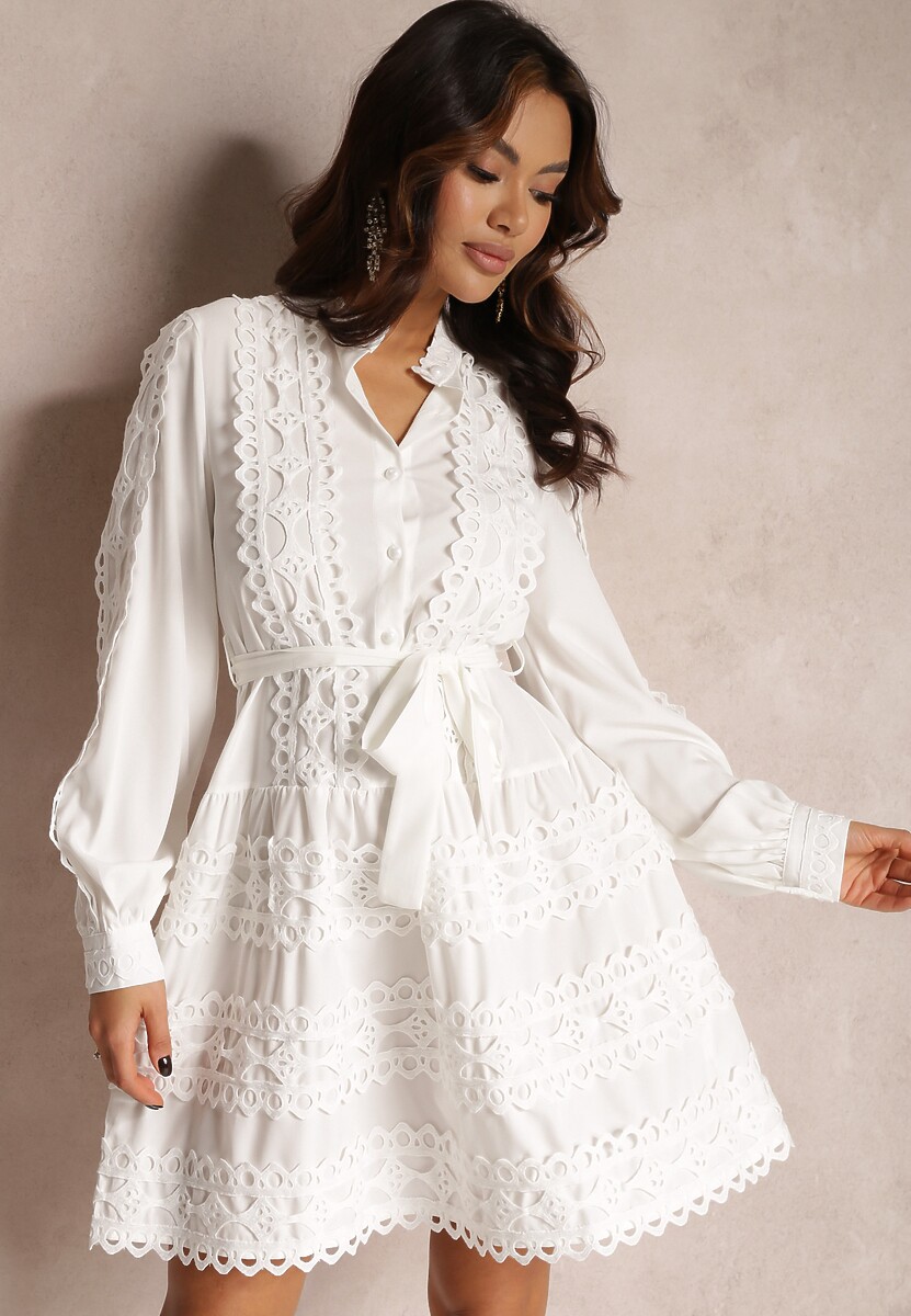 Ciemnobeżowa Sukienka Koszulowa z Wiązanym Paskiem i Ażurowymi Taśmami Deme