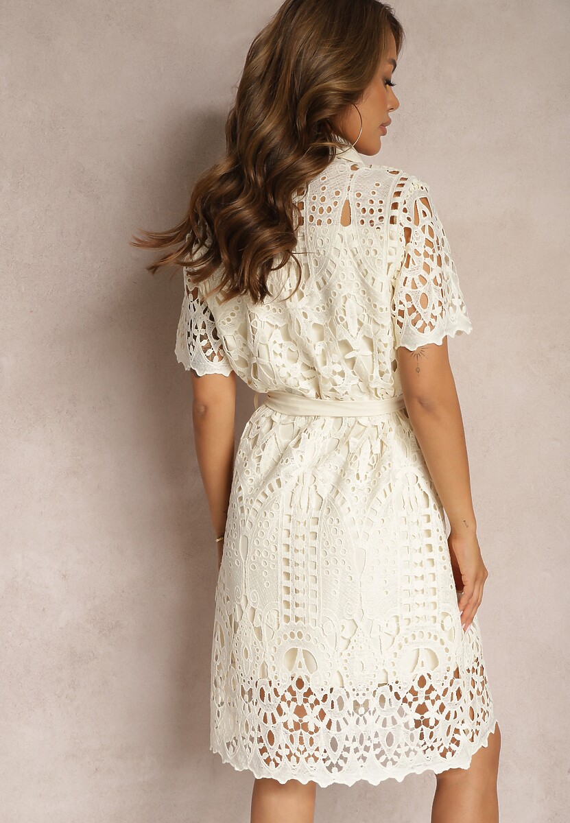 Beżowa Ażurowa Sukienka Koszulowa Wiązana w Pasie Lonnija