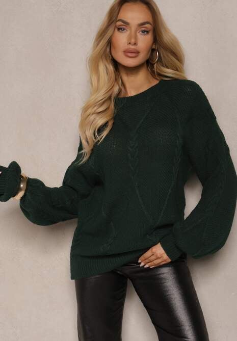 Ciemnozielony Sweter z Ozdobnym Tłoczeniem i Ściągaczami Temariel