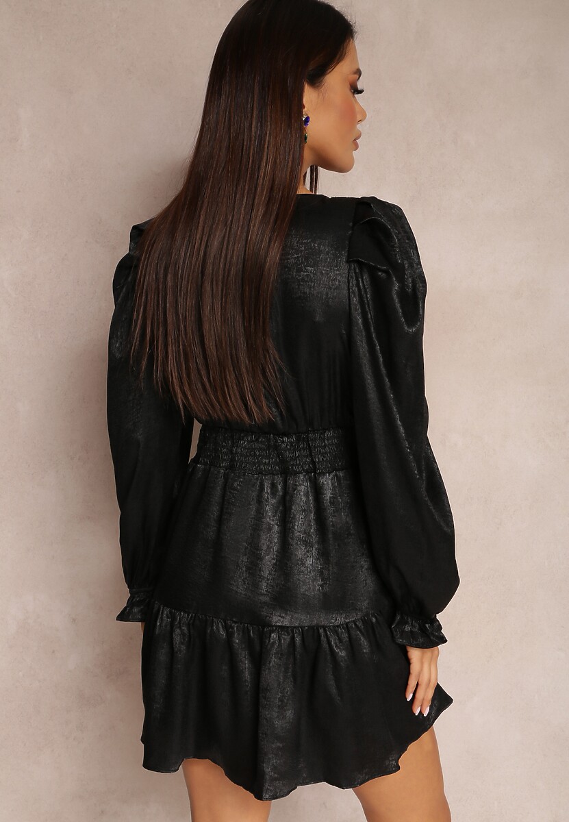 Czarna Sukienka Metaliczna z Bufiastym Rękawem Cany