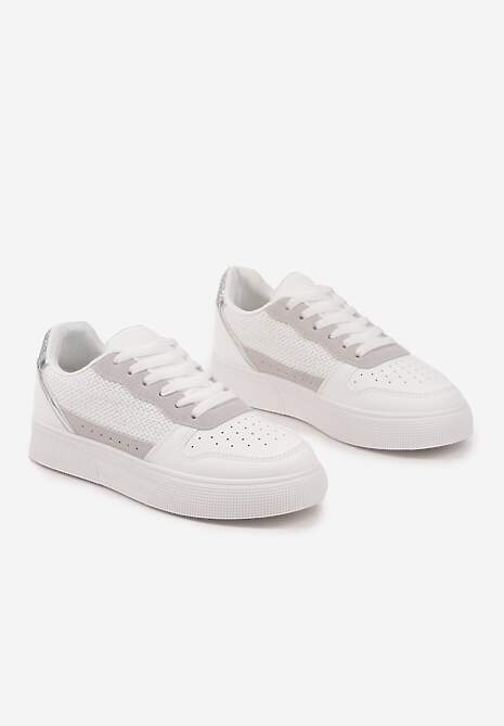 Białe Sneakersy na Platformie Ozdobione Plecionką Perforacją i Brokatem Tulreia
