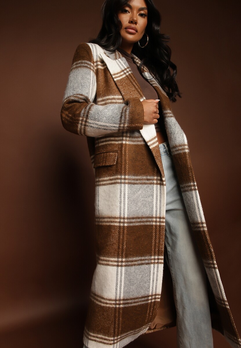 Brązowy Niezapinany Płaszcz w Kratkę z Kieszeniami z Klapą Fiboila