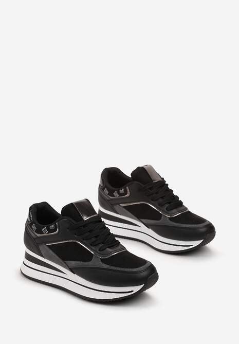 Czarne Sneakersy na Grubej Podeszwie z Metalicznymi Wstawkami Venussa