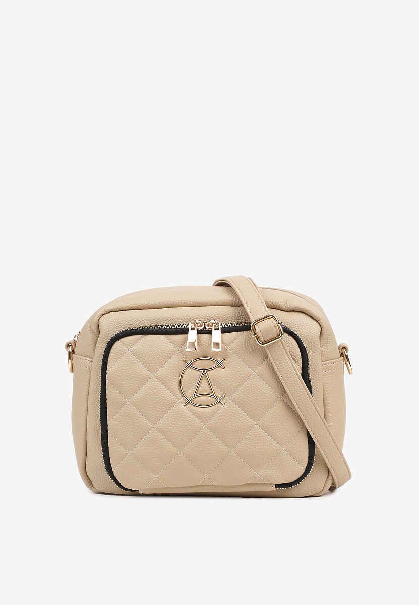 Jasnobrązowa Torebka Listonoszka Zdobiona Pikowanymi Przeszyciami i Aplikacją Paselia