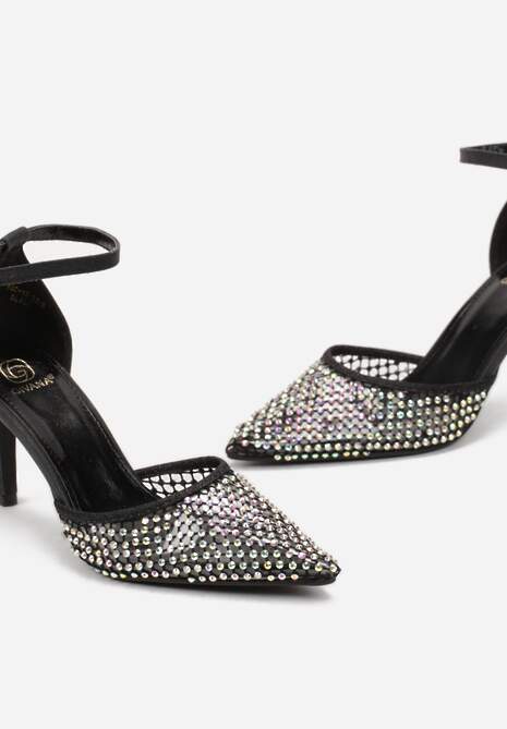 Czarne Sandały na Szpilce ze Szpiczastym Noskiem z Siateczką w Cyrkonie Lioffa