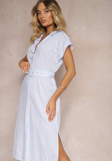 Niebieska Koszulowa Sukienka z Bawełny z Paskiem w Talii Nelassia