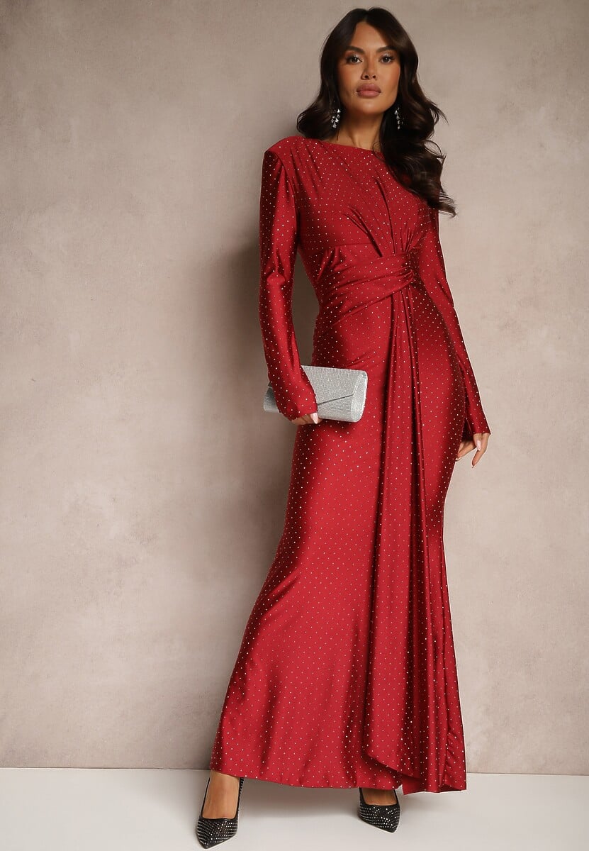 Bordowa Dopasowana Sukienka Koktajlowa Marszczona w Pasie Zdobiona Cyrkoniami Rissanea