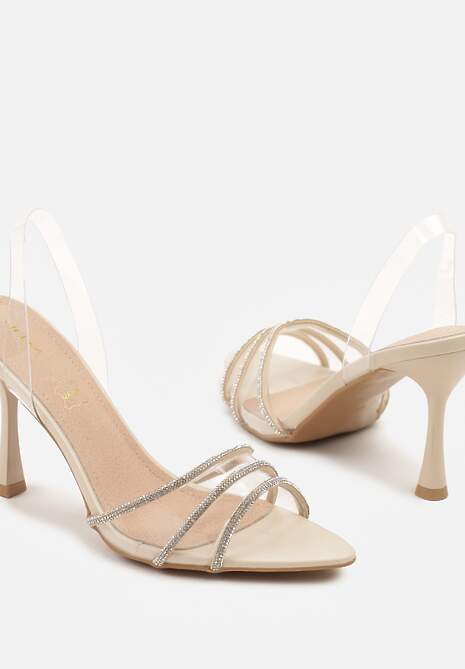 Beżowe Sandały Vices ze Skórzaną Wkładką Transparentną Cholewką i Cyrkoniami Novarissea