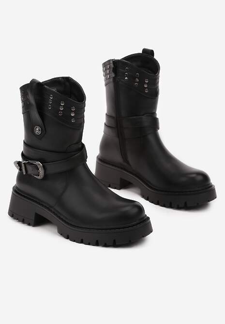 Czarne Botki w Stylu Motocyklowym z Klamrą i Nitami Erithany