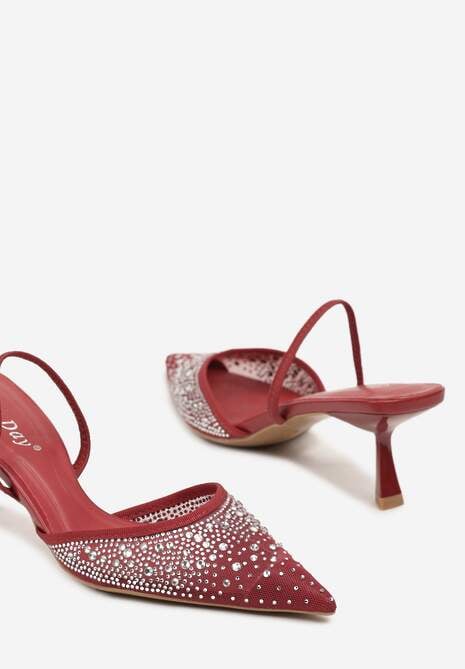 Bordowo-Czerwone Eleganckie Sandały na Obcasie Kaczuszka Bez Pięty z Cyrkoniami Elimira