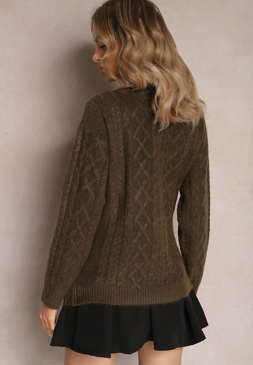 Ciemnozielony Zapinany Kardigan z Trójkątnym Dekoltem i Warkoczykowy Splot Juessa