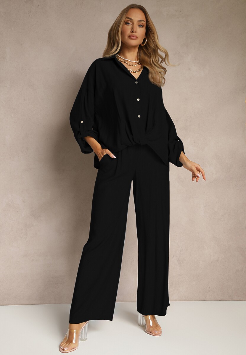 Czarny Komplet z Wiskozy w Stylu Oversize Szerokie Spodnie i Luźna Koszula na Guziki Natinne