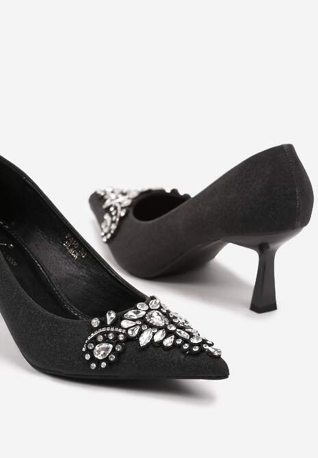 Czarne Eleganckie Czółenka na Szpilce z Brokatem i Cyrkoniami Arkana