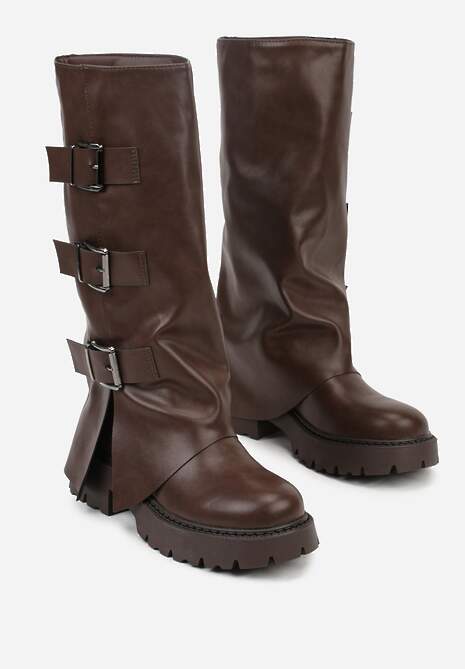 Ciemnobrązowe Kozaki VICES z Wywiniętą Cholewką Zdobioną Sprzączkami Anileria
