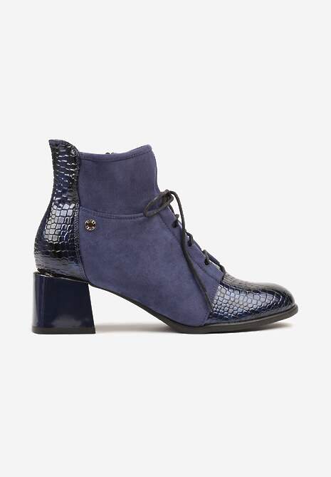 Niebieskie Botki Typu Trzewiki Vices na Słupku Ozdobione Lakierowanymi Elementami Adenella