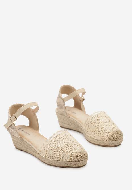 Beżowe Sandały w Stylu Espadryli na Koturnie z Plecionką i Ażurowym Noskiem Bellisae