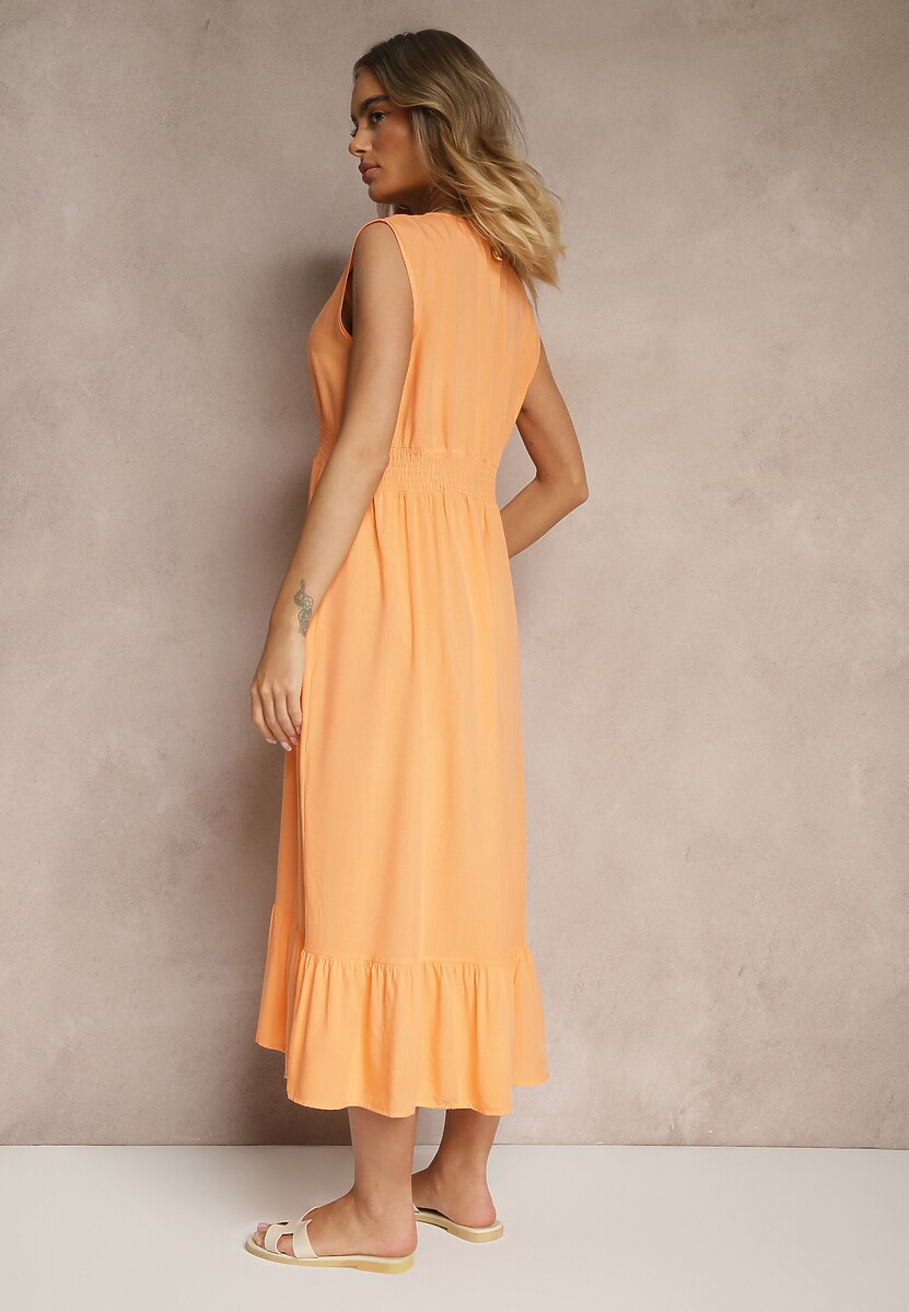 Pomarańczowa Kopertowa Sukienka z Wiskozy Zdobiona Falbanką Ularisela