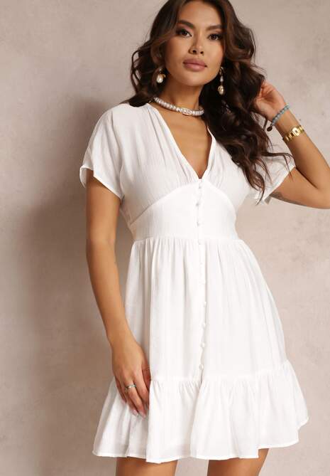 Biała Taliowana Sukienka Szmizjerka Mini z Głębokim Dekoltem i Falbanką Nentri