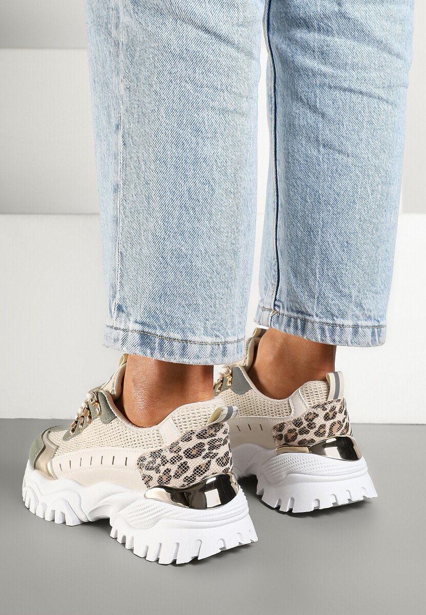 Beżowo-Zielone Sneakersy w Steetwearowym Stylu na Tłoczonej Platformie Ozdobione Wzorem w Panterkę Gonavielle