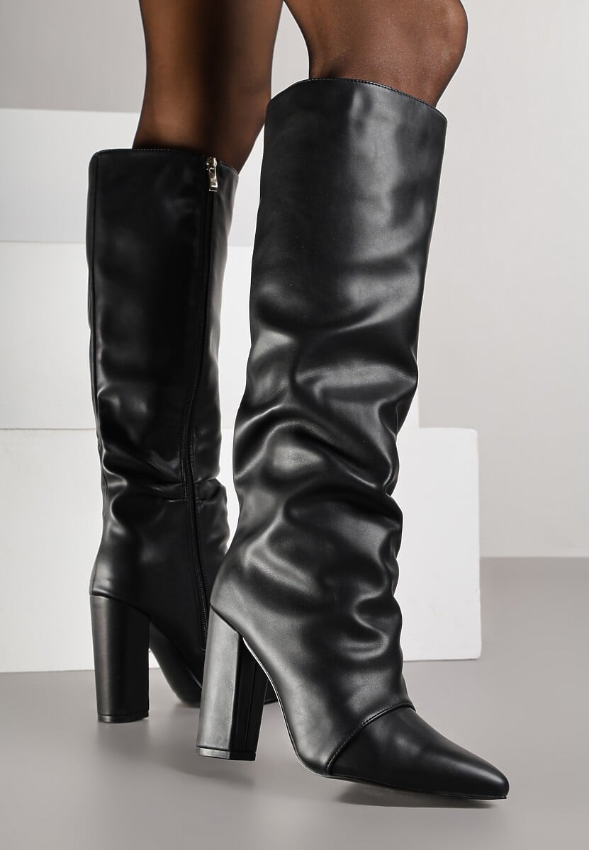 Czarne Marszczone Kozaki na Słupkowym Obcasie z Noskiem w Szpic Badara