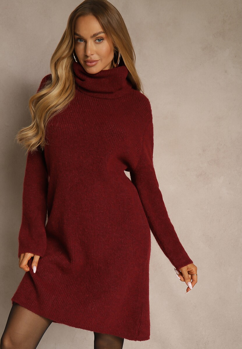 Bordowa Sweterkowa Sukienka Golf z Wełną i Wiskozą Fedorina