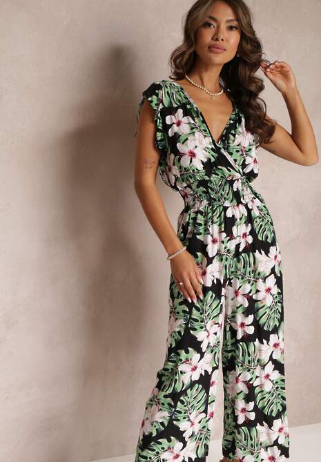 Czarno-Zielony Długi Kombinezon Bawełniany w Kwiaty Vegita