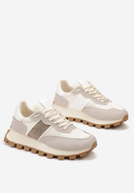 Beżowe Sneakersy z Szerokim Protektorem i Brokatową Naszywką Thesalia