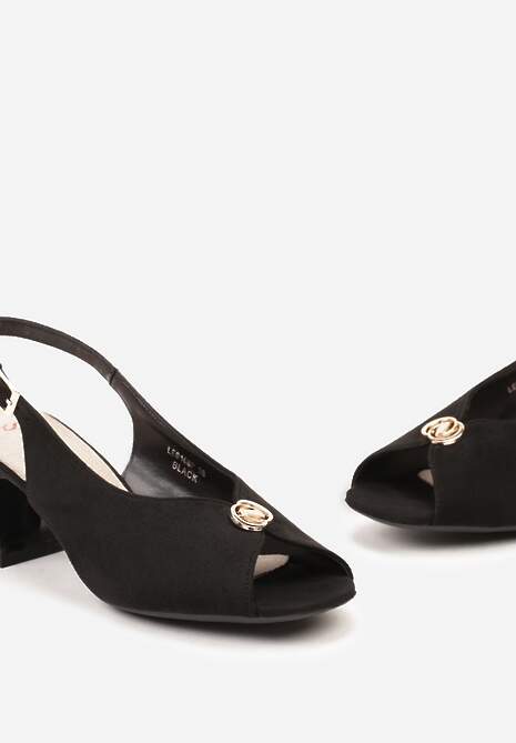 Czarne Sandały na Słupku bez Pięty z Metaliczną Ozdobą Valieha