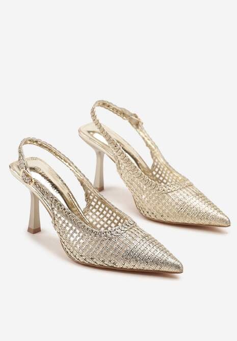 Złote Sandały na Szpilce Typu Slingback Ozdobione Plecionką Meranoria