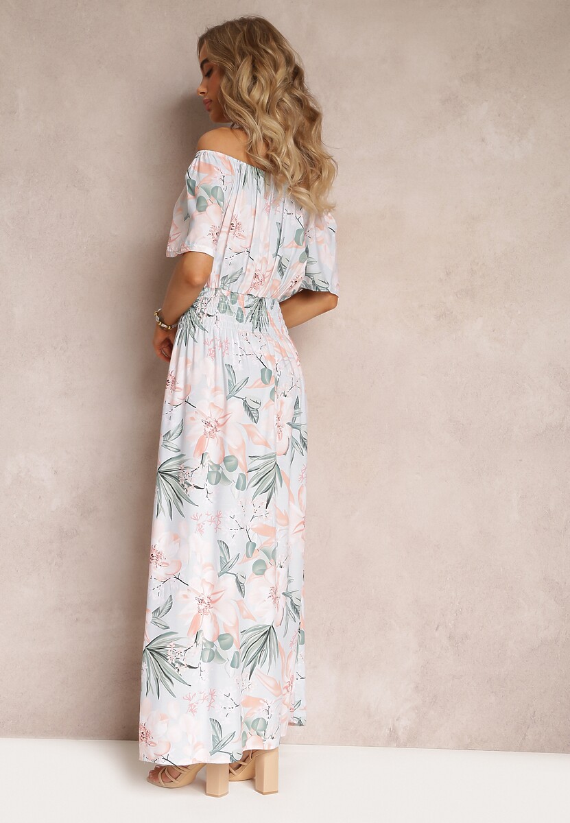 Jasnoniebieska Kwiecista Sukienka Hiszpanka Maxi z Gumką w Talii Mianga