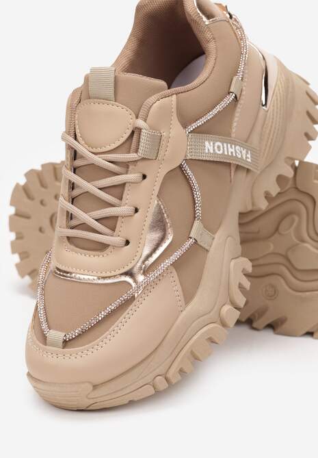 Ciemnobeżowe Sznurowane Sneakersy z Ozdobnym Paskiem i Metalicznymi Wstawkami Asterella