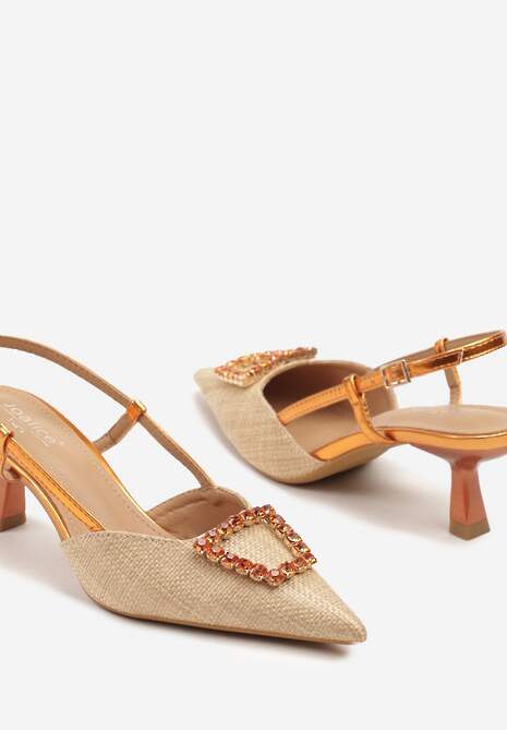 Pomarańczowe Sandały Slingback na Kaczuszce z Tweedowymi Wstawkami i Cyrkoniami Nalivna