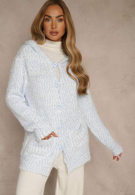 Jasnoniebieski Zapinany Kardigan z Kapturem i Kieszeniami Naustinas