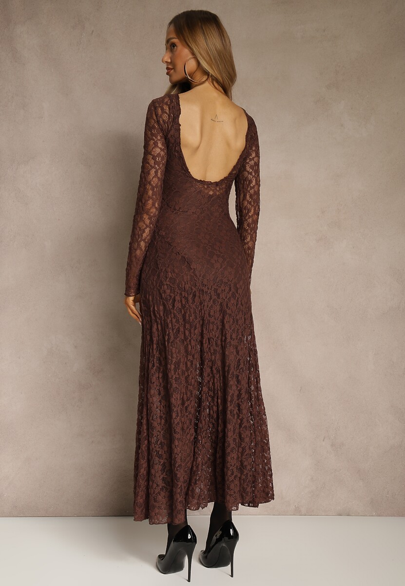 Brązowa Elegancka Sukienka z Koronki z Odkrytymi Plecami Lilafera
