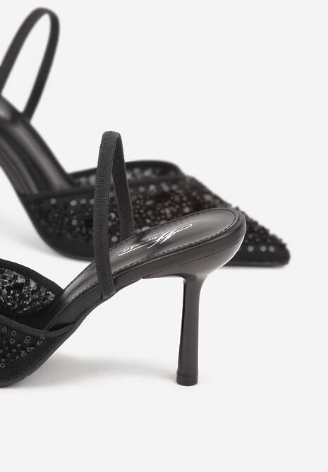 Czarne Szpilki Slingback Zdobione Perełkami i Cekinami Irifera