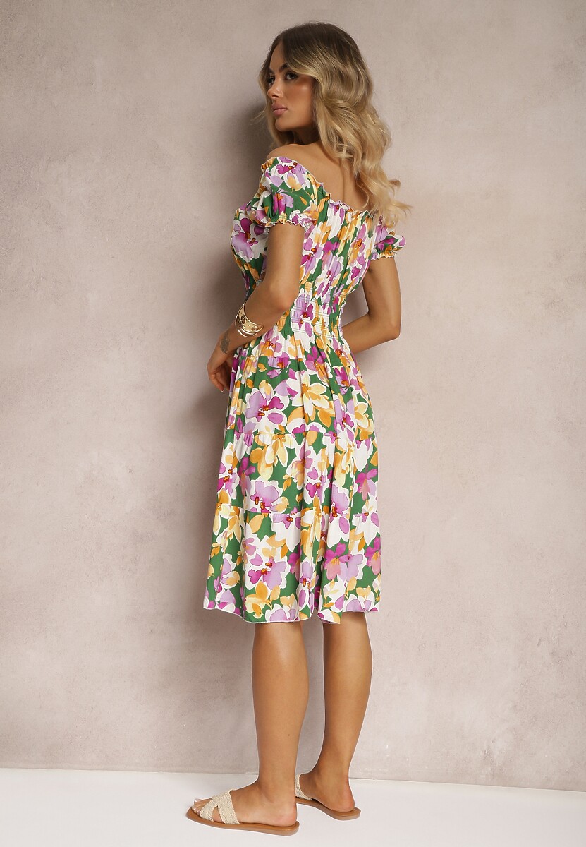 Zielono-Różowa Taliowana Sukienka z Bawełny Wykończona Gumką w Talii i Guzikami Nelianne