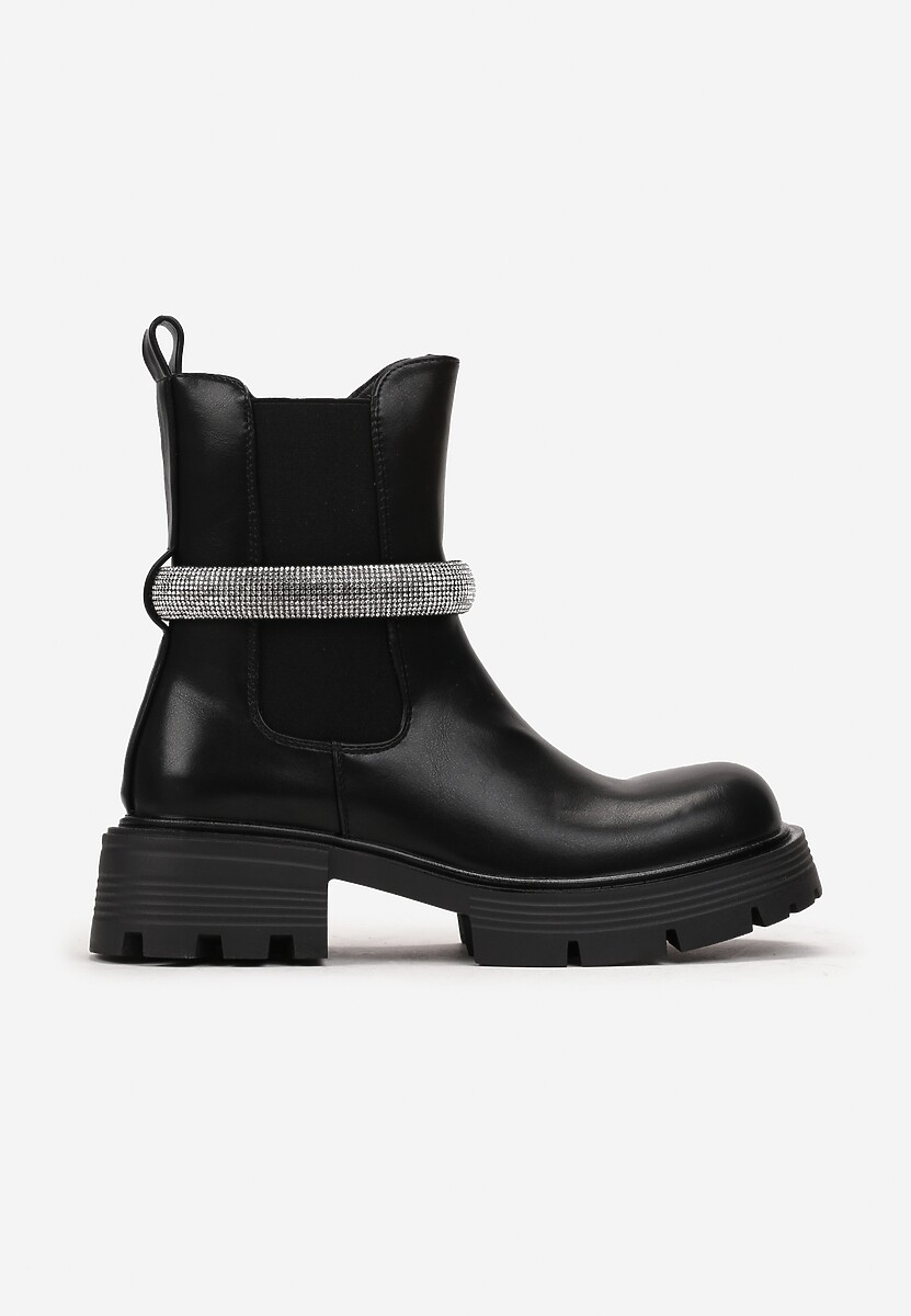 Czarne Botki Ozdobione Wypukłym Paskiem z Cyrkoniami Przy Kostce Lisabetta